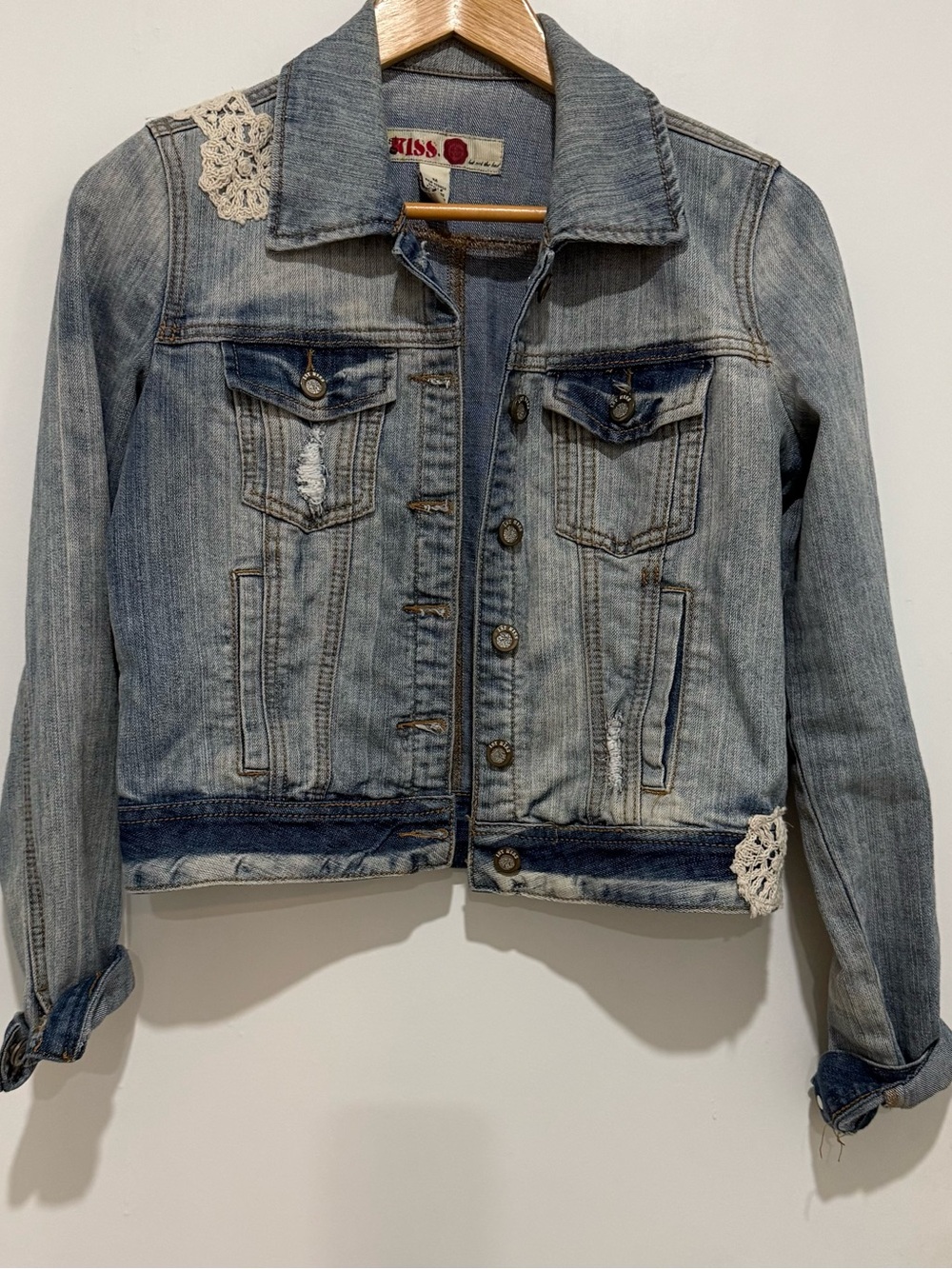 1st Kiss Lace Crochet Denim Jacket Size M Distressed Light Wash Boho Trucker